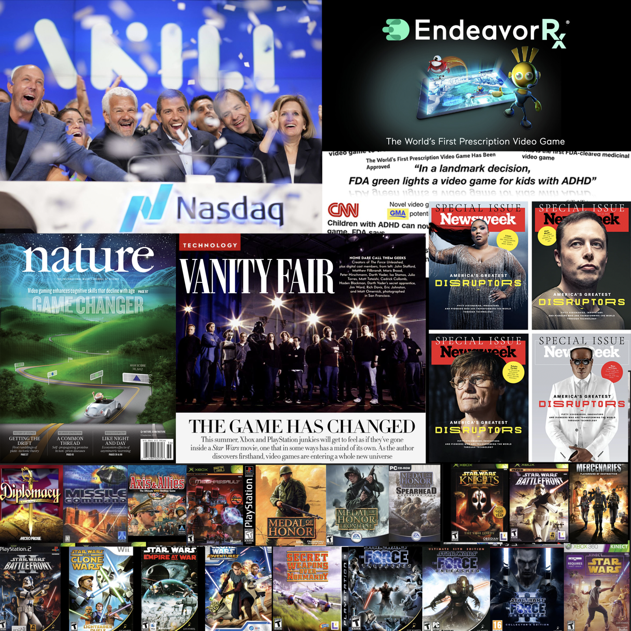 Collage of Matt Omernick's career highlights, including Akili and EndeavorRx, Nasdaq, Nature, Vanity Fair, Newsweek, and game titles.