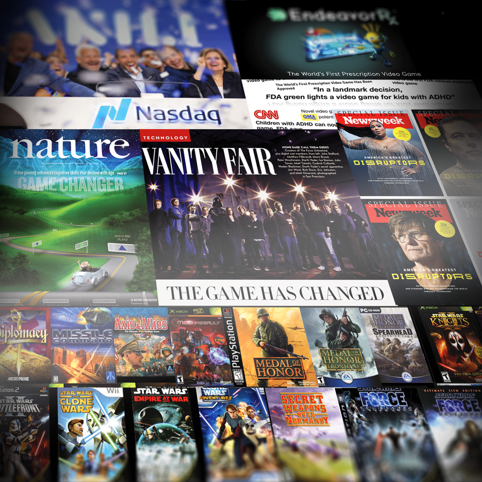 Collage of Matt Omernick's career highlights, including Akili and EndeavorRx, Nasdaq, Nature, Vanity Fair, Newsweek, and game titles.
